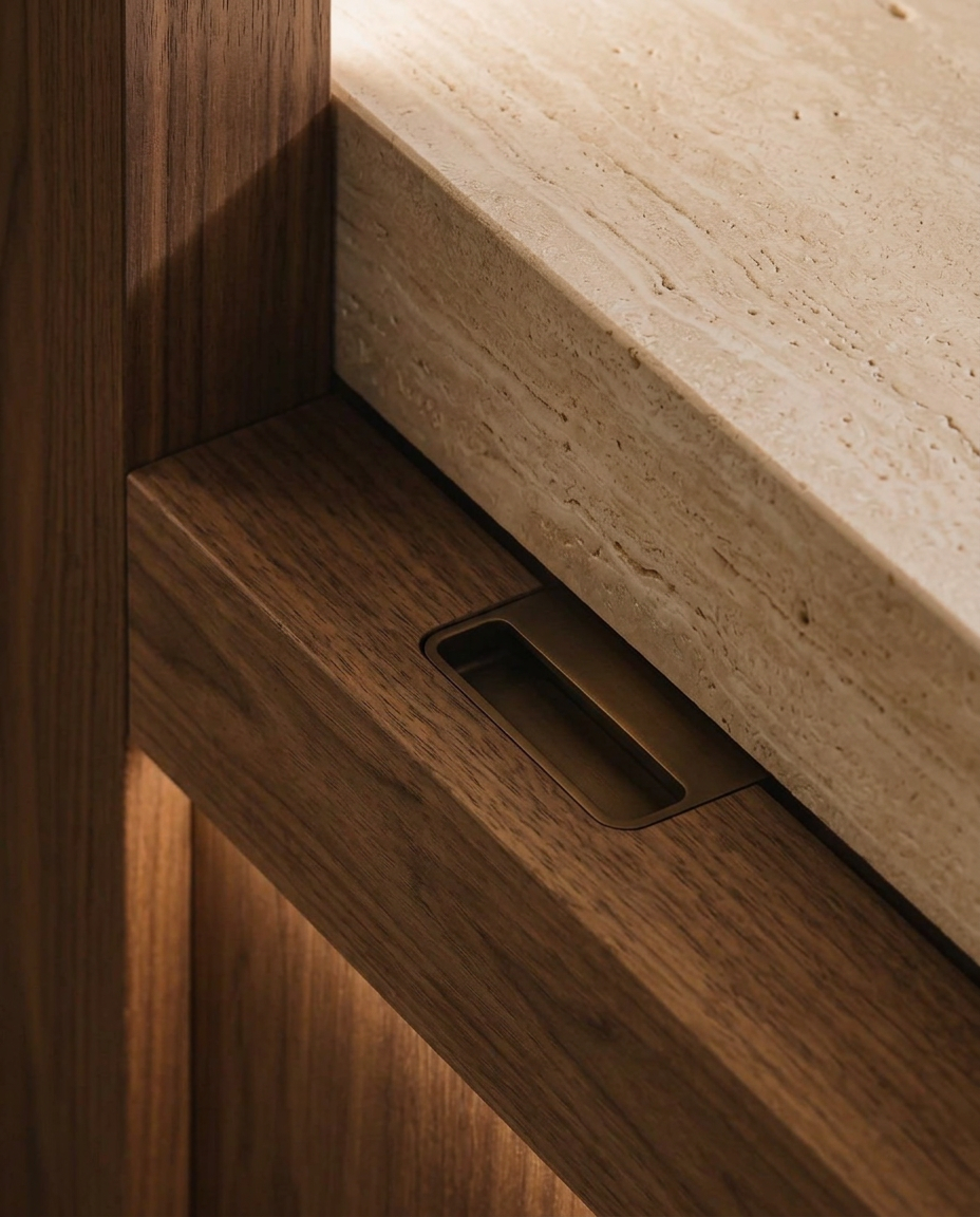 Oak joinery meeting travertine with a recessed brass pull