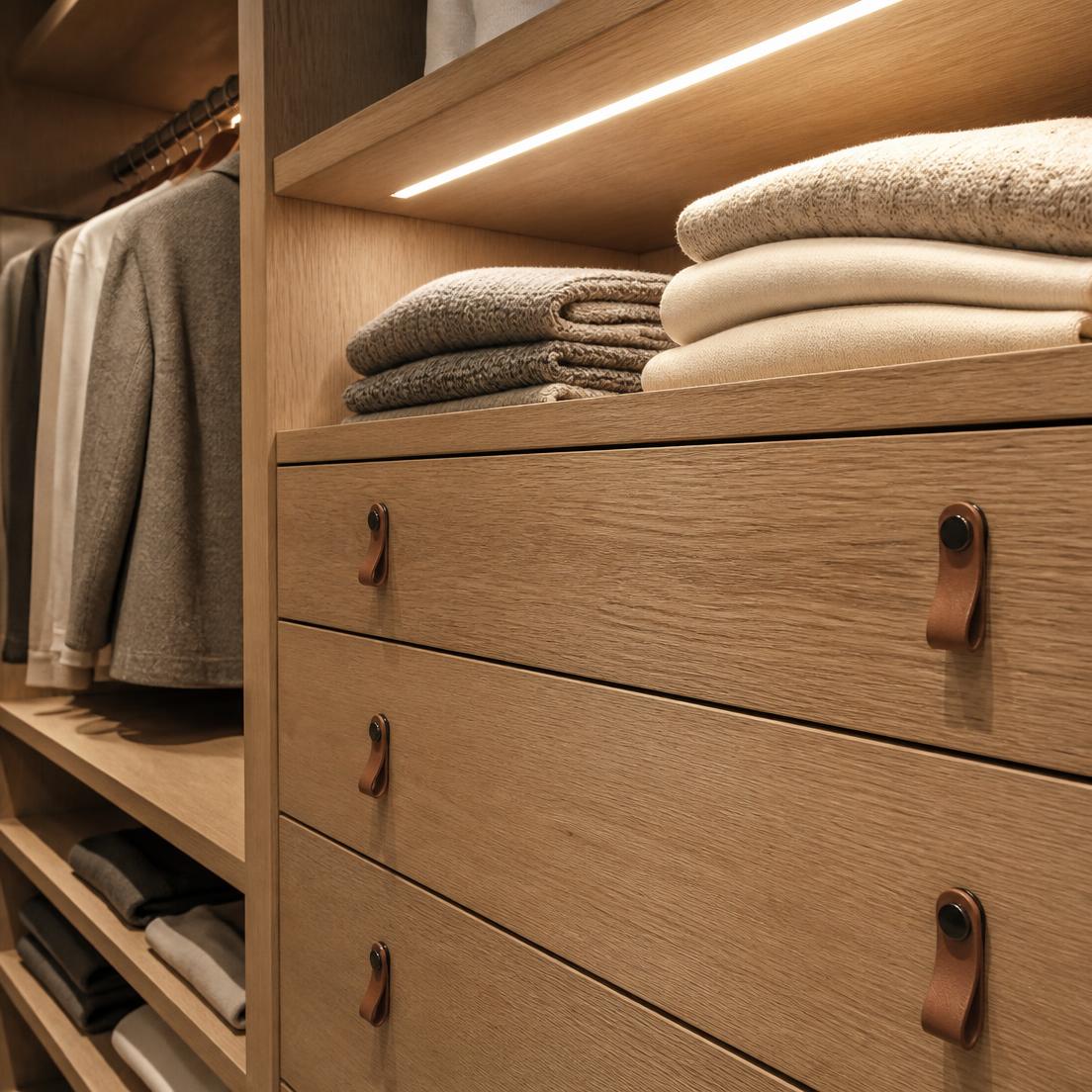 Wardrobe drawers with leather pulls and integrated light