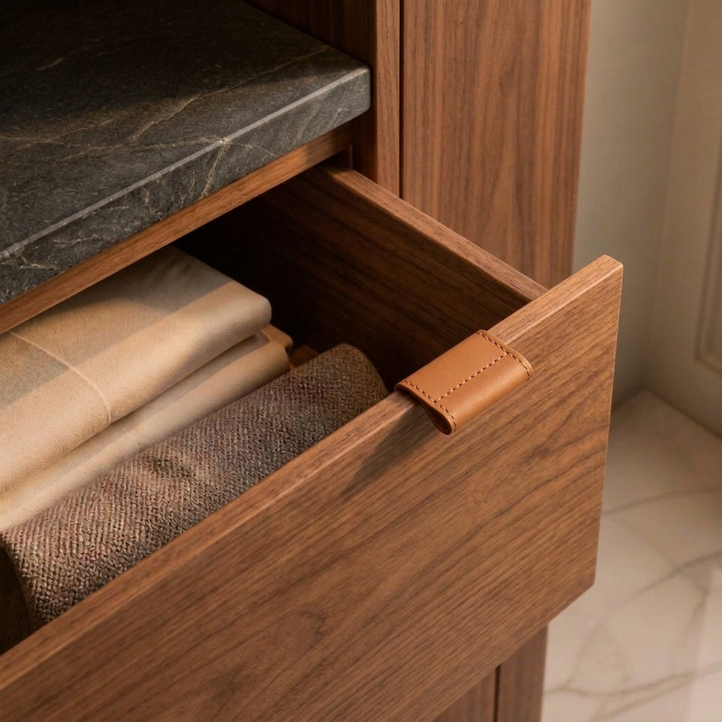 Wardrobe drawers with leather pulls and integrated light