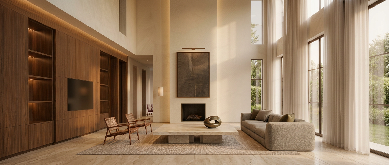 Soft daylight falling across a contemporary living space with oak floors and walnut joinery