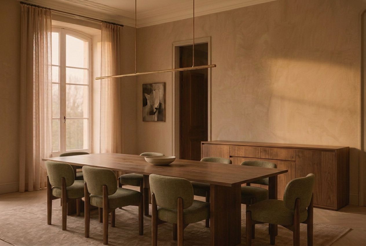 Dining space with a solid timber table under diffused evening light