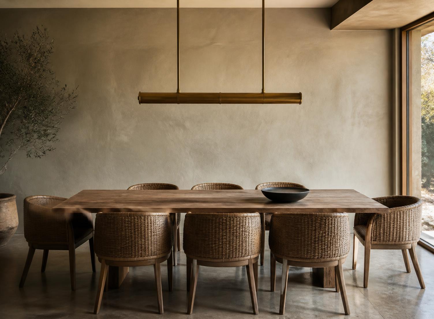 Dining space with solid oak table and brass pendant